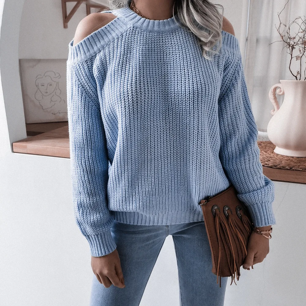 Модные свитера с открытыми плечами Женский однотонный Серый Свободный вязаный