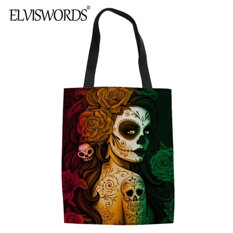 

ELVISWORDS Women Casual Shopping Handbag Sugar Skull Women Print Ladies Durable Linen Handle Tote Gothic Style Foldable Carrier