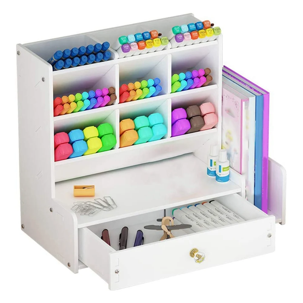 

White Desk Organizer, DIY Pen Holder Box, Desktop Stationary Storage Rack for School Home Office