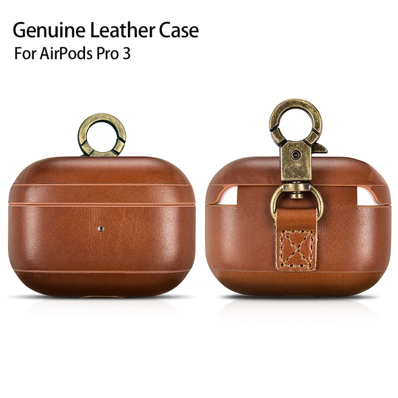 Capa de Couro Genuíno para Airpods Couro de Vaca Case para Airpods Luxo Retro Protetora Dura Armadura Gancho 3 Fone Ouvido Case Pro