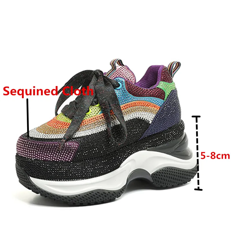 

Woman Platform Shoes Sequined Cloth Women Sneakers Sweet Rhinestone Shallow Round Toe Lace-Up Wedges Thick Bottom Casual Shoes