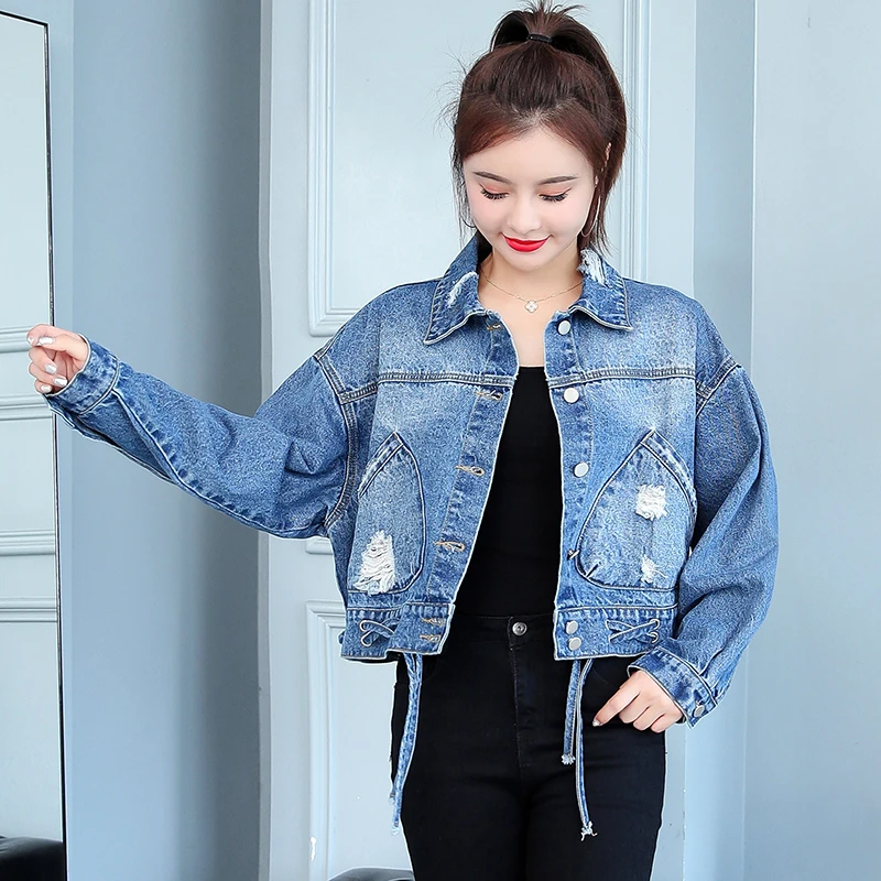 

Denim Short Jackets Women's Autumn Female Ripped Coats Dark Blue Washed Lace Up Cropped Jacket Woman's Jeans Coat