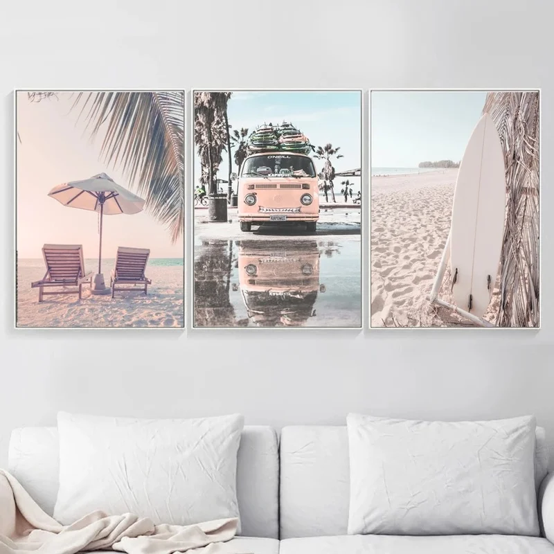 Настенная картина Sunny Beach с автобусом серфингом пальмами Картина на холсте