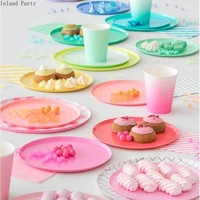 24pcs disposable tableware set disposable paper plate straw cup pinkycolor for wedding birthday decoration party supplies