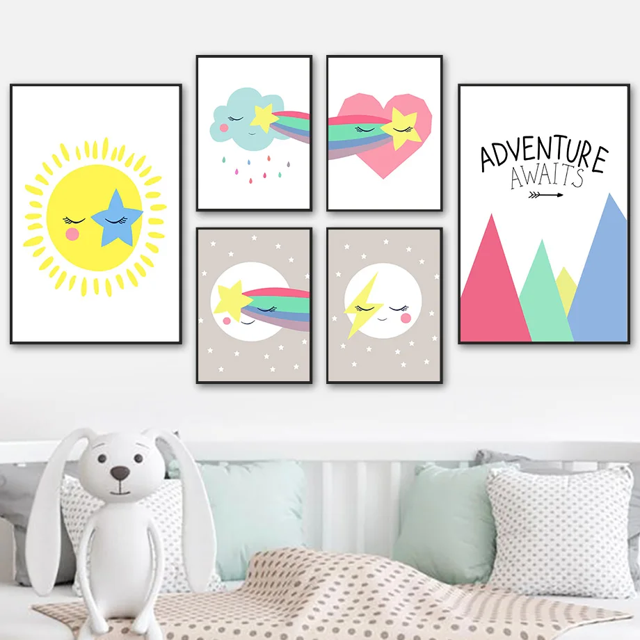 

Sun Moon Cloud Heart Mountain Cartooons Nursery Wall Art Canvas Painting Nordic Posters And Prints Wall Pictures Kids Room Decor