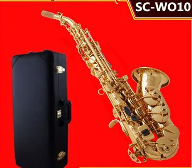 

high quality SC-W010 Small Curved Soprano Saxophone Electrophoresis Gold Sax B Flat Instruments with Accessories Case Free Ship