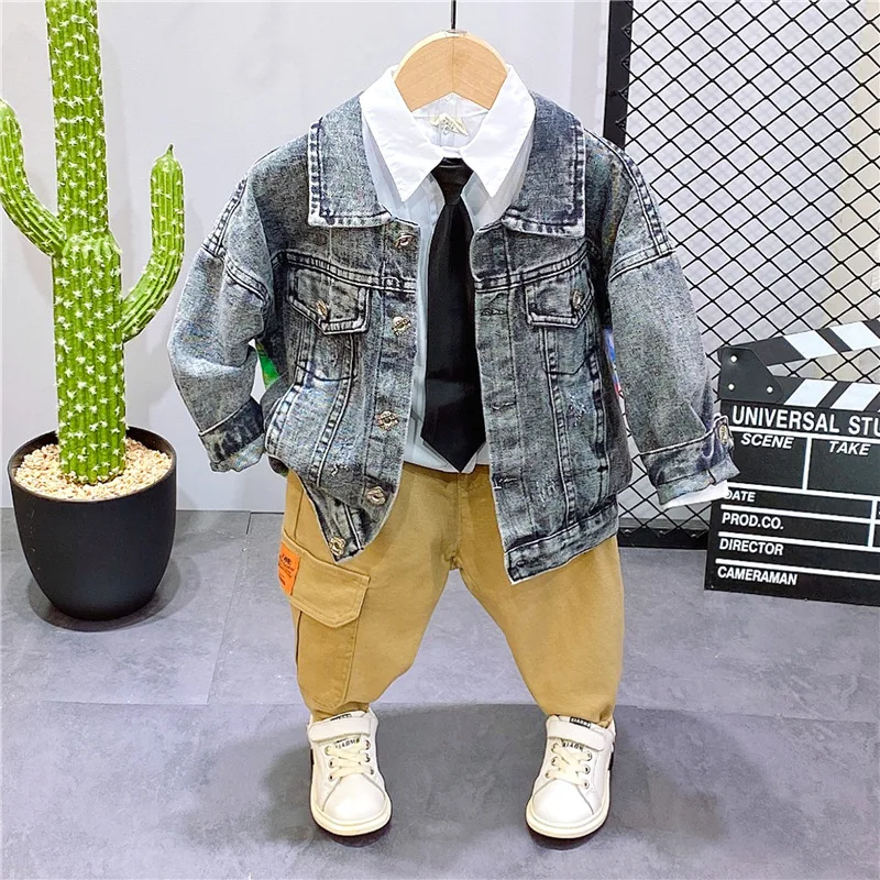 

Boys Denim Jacket Boys Autumn Winter Trench Children's Clothing Sets 3pcs baby Coat+shirt Withe Tie+ Jeans Active Sport Suits