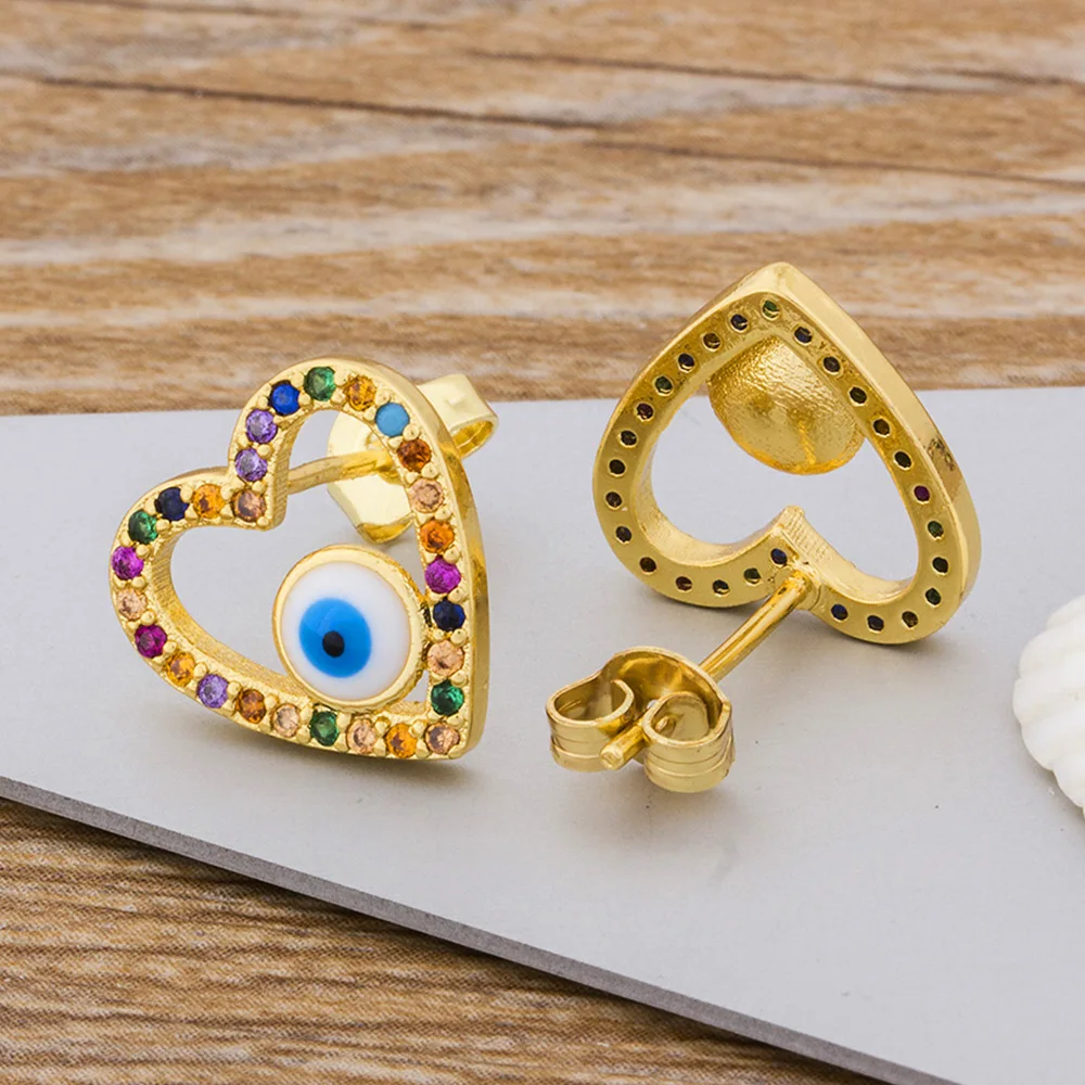 

AIBEF Fashion Modern Heart Evil Eye Copper Rainbow CZ Stud Earrings Gold Earrings Charms Women Jewelry Gift For Female Girls