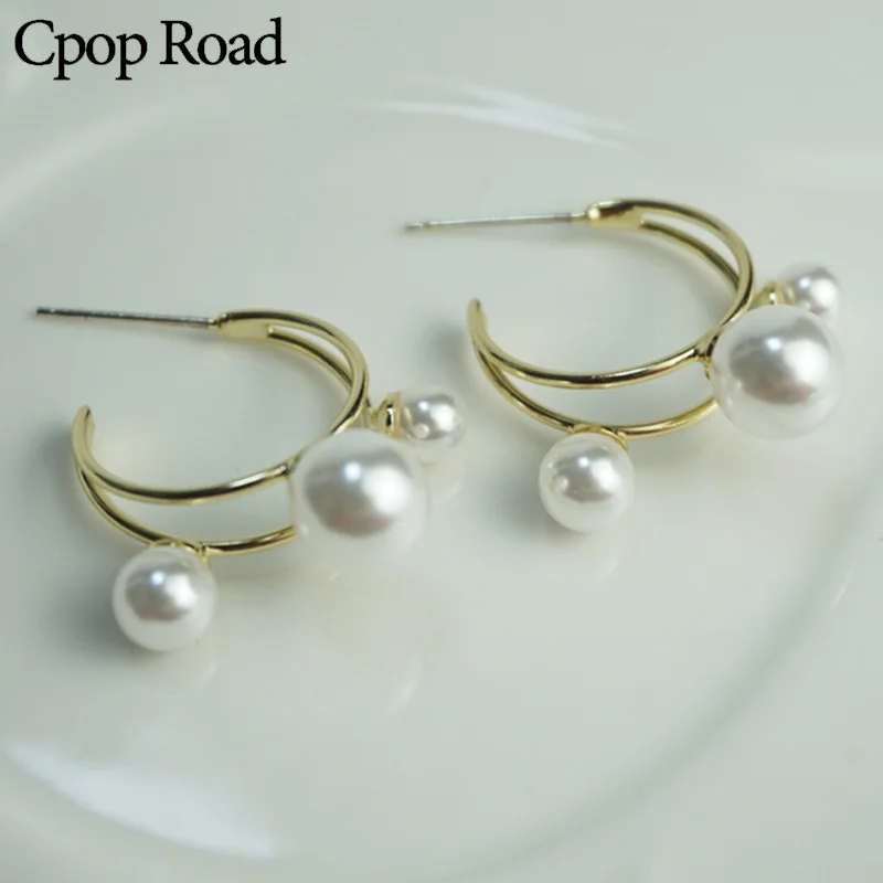 Cpop золотые маленькие серьги-кольца для женщин круглые три жемчуга Серьги модные