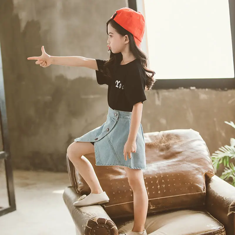 Летний комплект одежды для девочек футболка джинсовая юбка детская одежда из 2