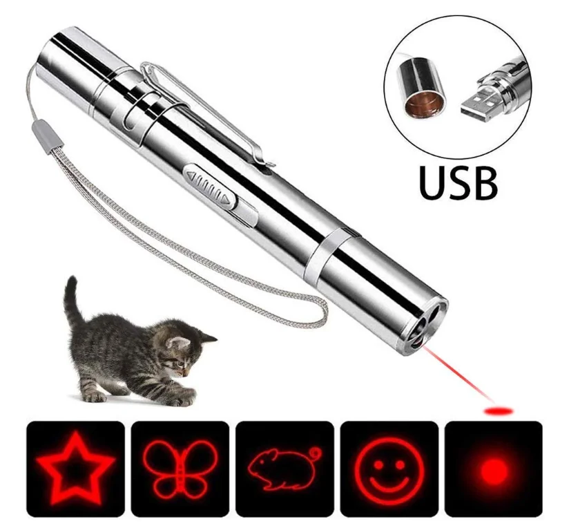 Светодиодная лазерная указка 7 в 1 USB зарядка красная ручка УФ фонарик для кошек