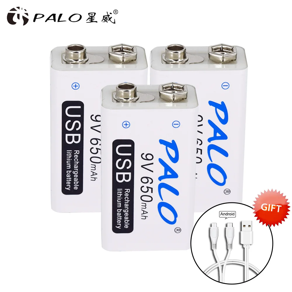 PALO 9V USB литиевая батарея 650mAh 6F22 литий-ионная аккумуляторная батарея для игрушек массажеры мультиметры гитара с USB кабелем - Цвет: 3pcs with cable