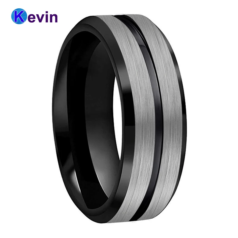 

Tungsten Wedding Band Ring 8mm for Men Women Comfort Fit Black Beveled Edges Brushed