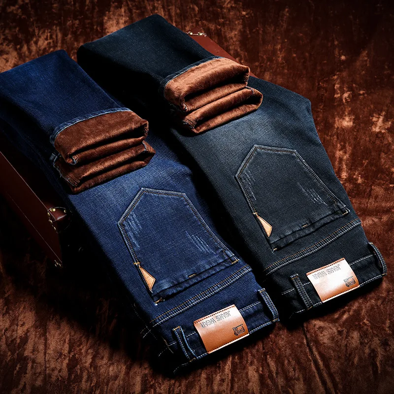 Высокое Качество Зимние теплые мужские джинсы с нашивками плотные эластичные