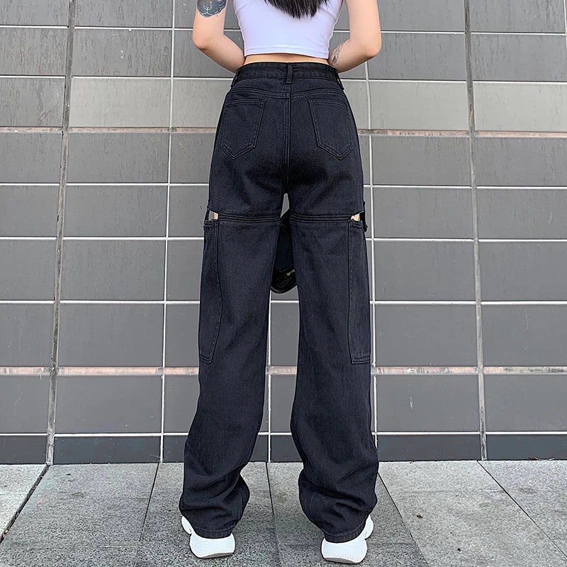 

2021 Vintage Hollow Out Women'S Jeans Plus Size Pockets White Harajuku Korean Baggy Straight Pants StreetWear Wide Leg Jeans
