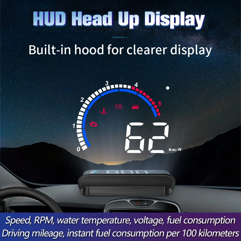 

Цифровой Автомобильный спидометр HUD OBD2 с сигнализацией температуры Предупреждение о превышении скорости, дисплей на лобовое стекло, проект...