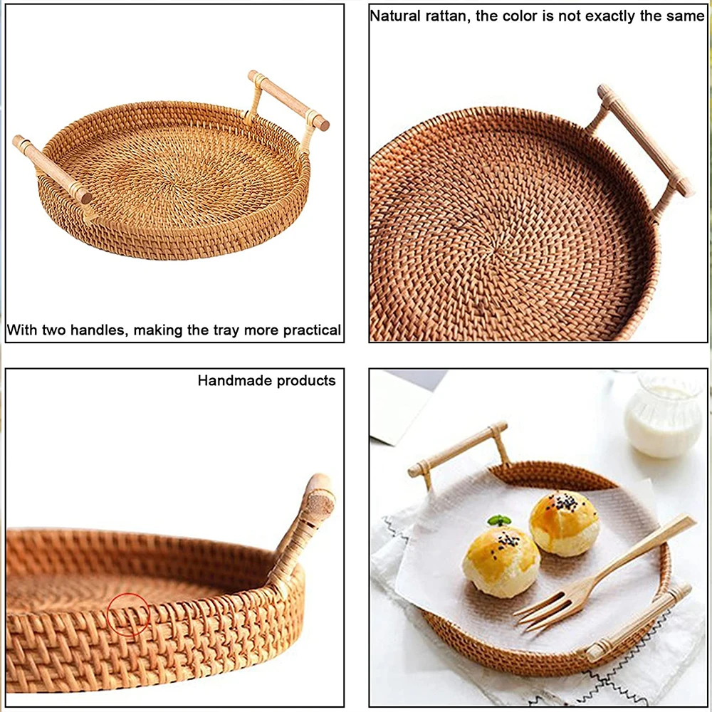 

Rattan storage tray, snack fruit tray with handle, household kitchen storage tools, biscuit tea storage tray, bread basket