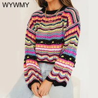 wywmy rainbow striped multi color blocked knitted pullover women summer casual hollow out sweater cool girls fashion jumper 2021