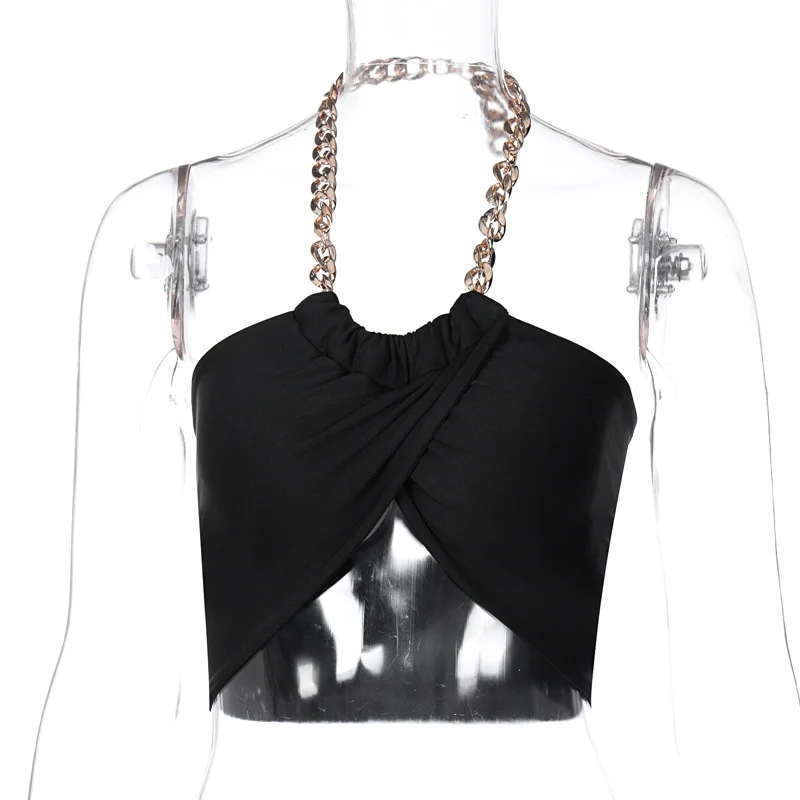 

2021 Summer Fashion Women Chic Halter Chain Crop Tops For Woman Cut-out Backless Female Black Wrap Top Streetwear For Ladies