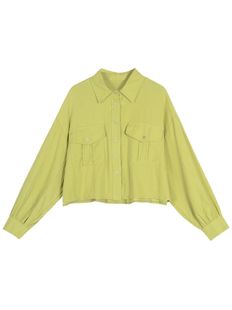 

Spring Autumn Streetwear Chic Blouses Shirts Women Harajuku Batwing Sleeve Pockets Patchwork Cropped Tops Female Outwear Coat