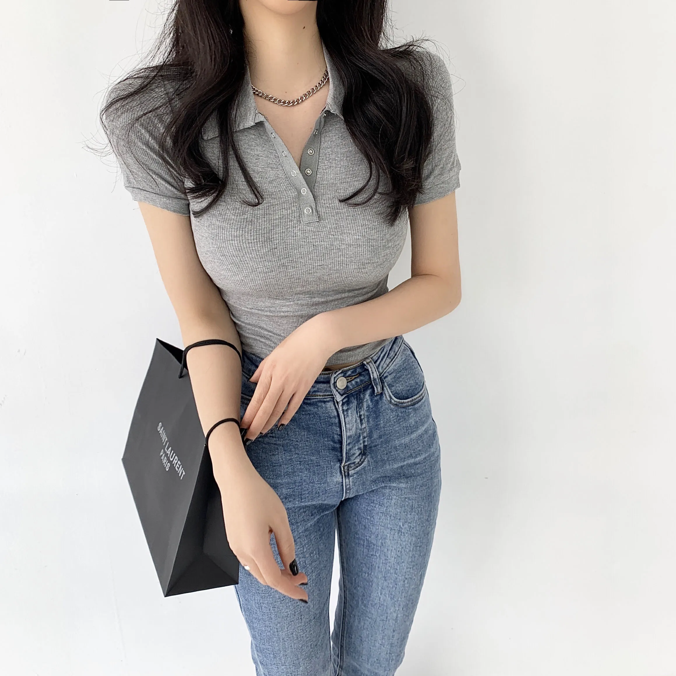 

2021 Solid Color Female Polo Shirt Top Women Short Sleeve Tshirt Ribbed Button Crop top Women T Shirt Casual Summer tshirt