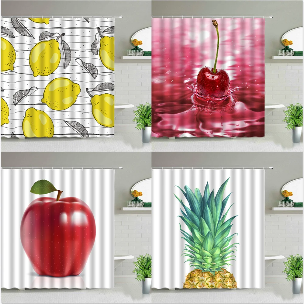 

Штора для душа с экзотическим рисунком фруктов, занавеска из водонепроницаемой ткани с рисунком яблок, лимона, вишни, ананаса, для ванной