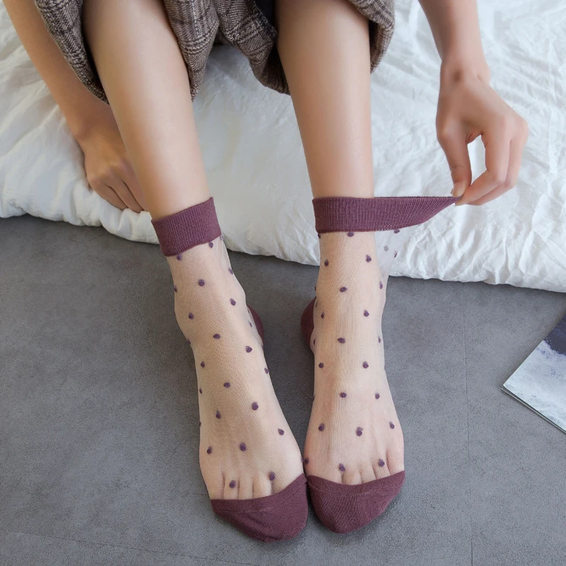 

2020 Women's Spring Breathable Transparent Mesh Polka Dots Socks Sexy Ladies Net Yarn Fishnet Dots Socks Female Hosiery Sox