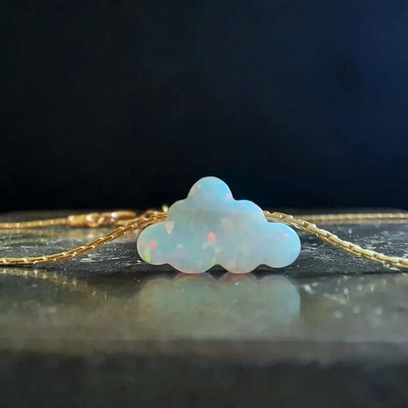 Synthetic FLUFFY CLOUD OPAL NECKLACE Iridescent Opal Jewelry with Gold Silvertone Chain Fire White Cotton Candy Cloud YJ39 | Украшения и