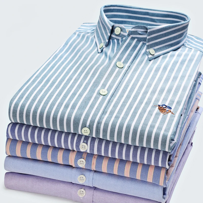 

High Quality Fashion 100% Cotton Stripe Twill Solid Color Casual Formal Oxford Long Sleeve Shirt With Slim Yellow Pink Blue