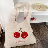 plush tote bag women designer handbag 2021 girl shopper fashion casual cute embroidery cherry letter large capacity shoulder bag