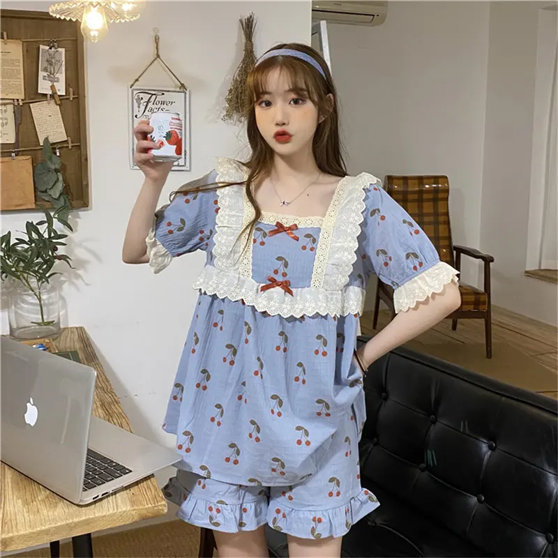 

Palace Style Thin Pajamas Set Female 2021 Summer New Japanese Lovely Lace Short Sleeve Home Dress Two-piece Nightdress