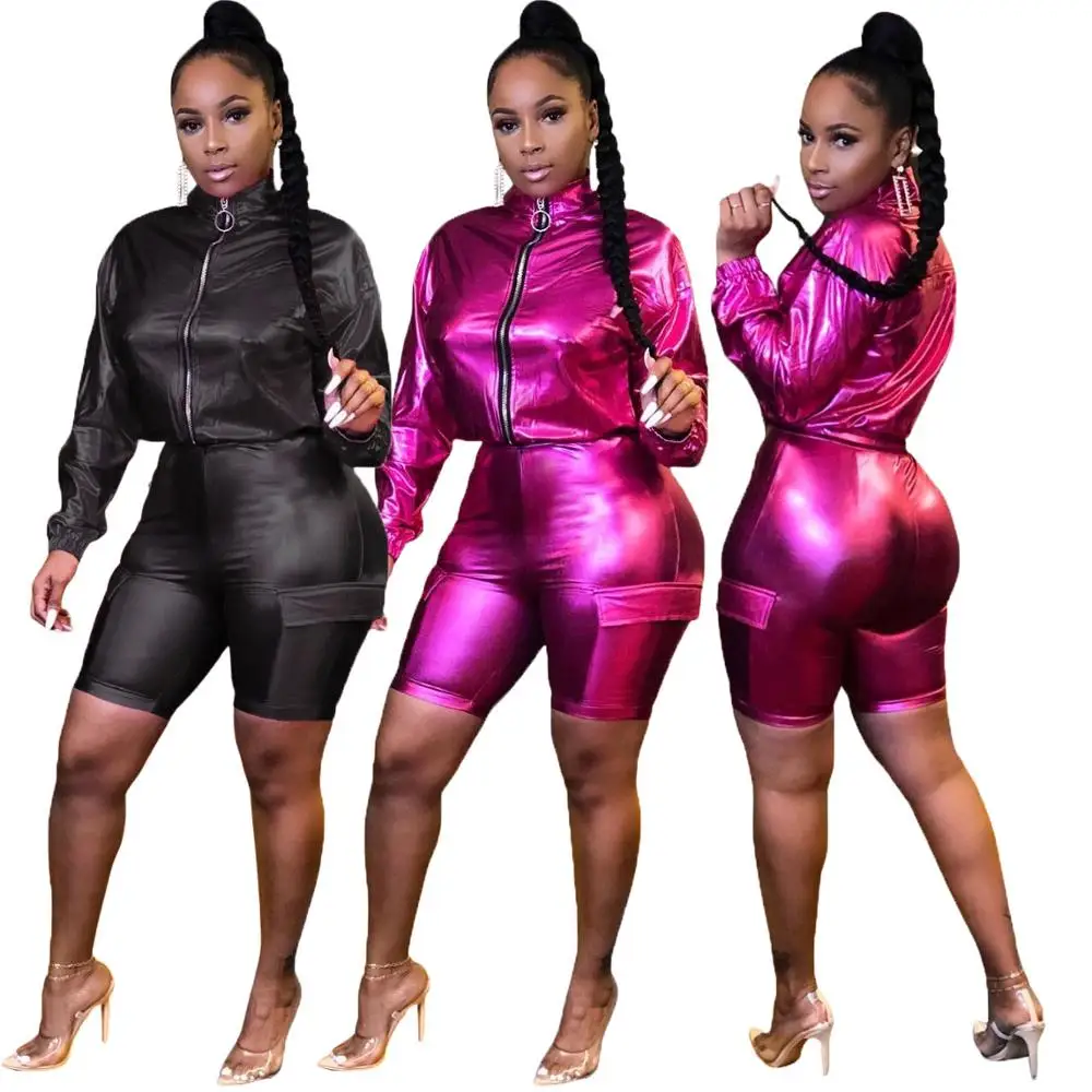 

Glossy Solid Color Womens Tracksuit Two Piece Sets Zipper Long Sleeve Jacket Top Biker Shorts Sexy Club Outfits Free Shipping