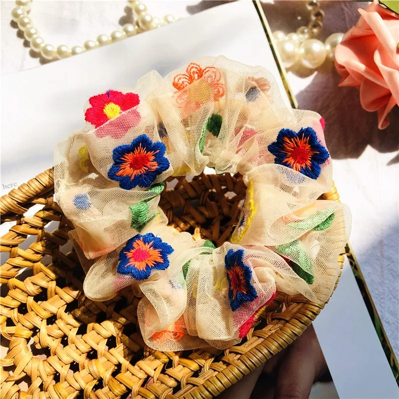 

Girls Organza Hair Scrunchies Lace Ponytail Holders Embroidery Flower Elastic Hair Bands Hairband Hair Accessories Hair Ring Tie