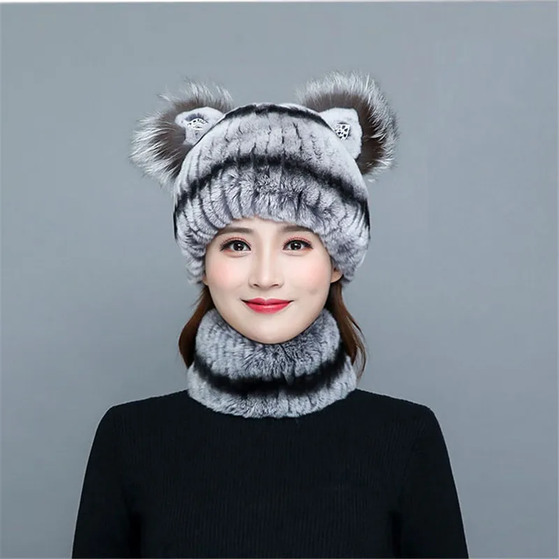 100% набор из шапки и шарфа кроличьего меха со стразами теплым шарфом женский новый