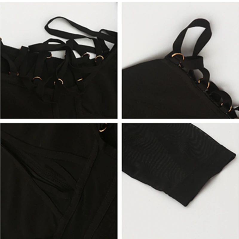 Женское вечернее платье с длинным рукавом черное Сетчатое облегающее вырезами