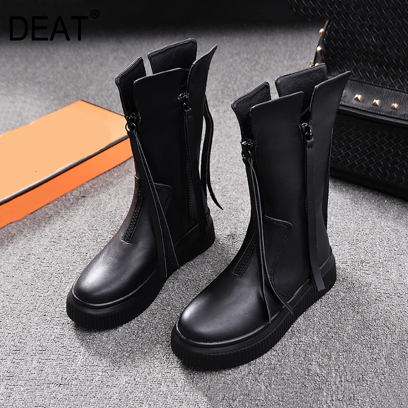 Женская бархатная обувь DEAT черная из искусственной кожи с круглым носком боковой