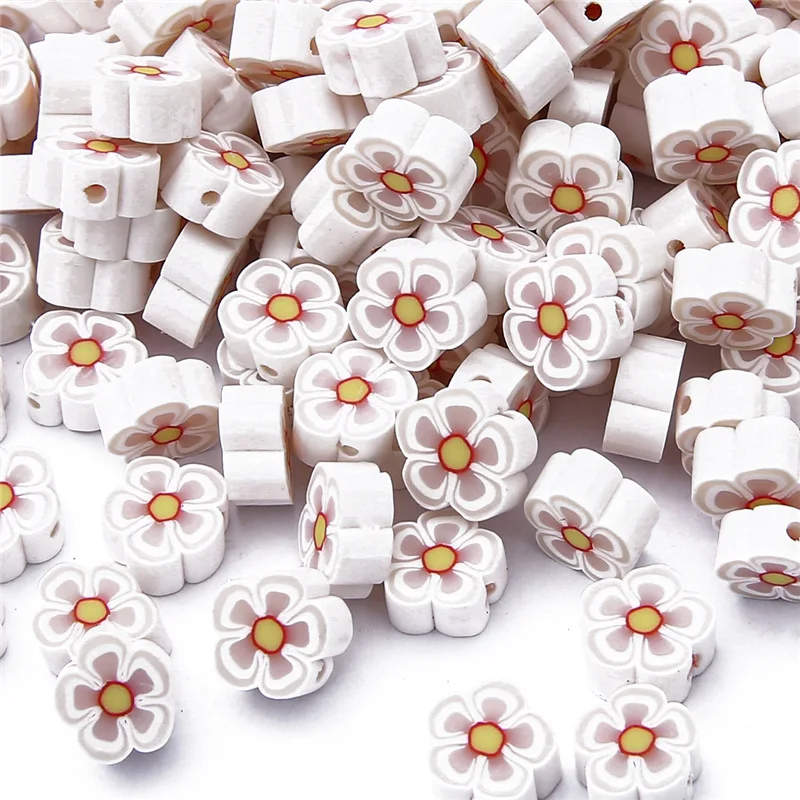

30pcs White Flower Clay Beads For Making Jewelry Diy Handmade Bracelet Necklace for Kids Flat Polymer Spacer Beads 10mm