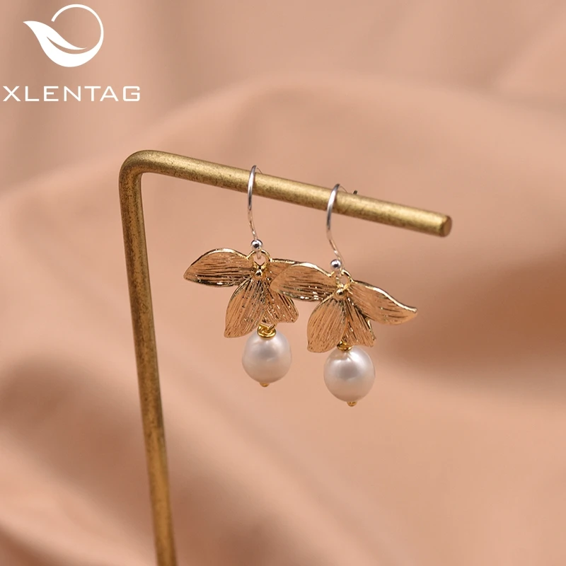 

XlentAg 925 Sterling Silver Leaves Dangle Earrings For Women Natural Fresh Water Pearl Handmade Earrings Luxury Jewelry GE0039