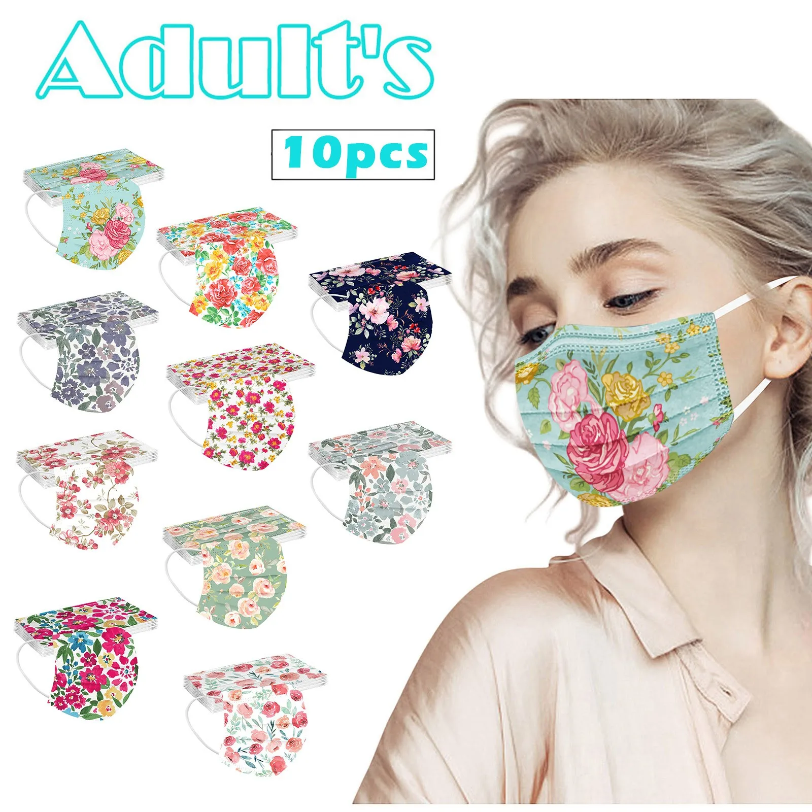 

10pc Fashion Disposable Face Masks Women Girls Flower Print Protection Masque 3-layers Mouth Mask Facemask No Decoration