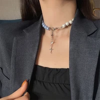 early han 2021 trend new personality fluorescent blue and white splicing pearl necklace female sexy cross clavicle chain