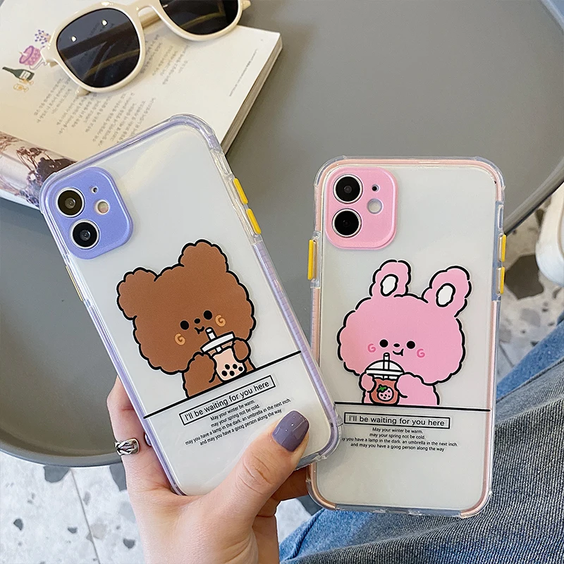 

Cute cartoon bear rabbit drink milk tea Soft TPU Phone Case For iPhone 12 Pro Max Mini 11 Pro XR XS MAX 8 X 7 Plus case