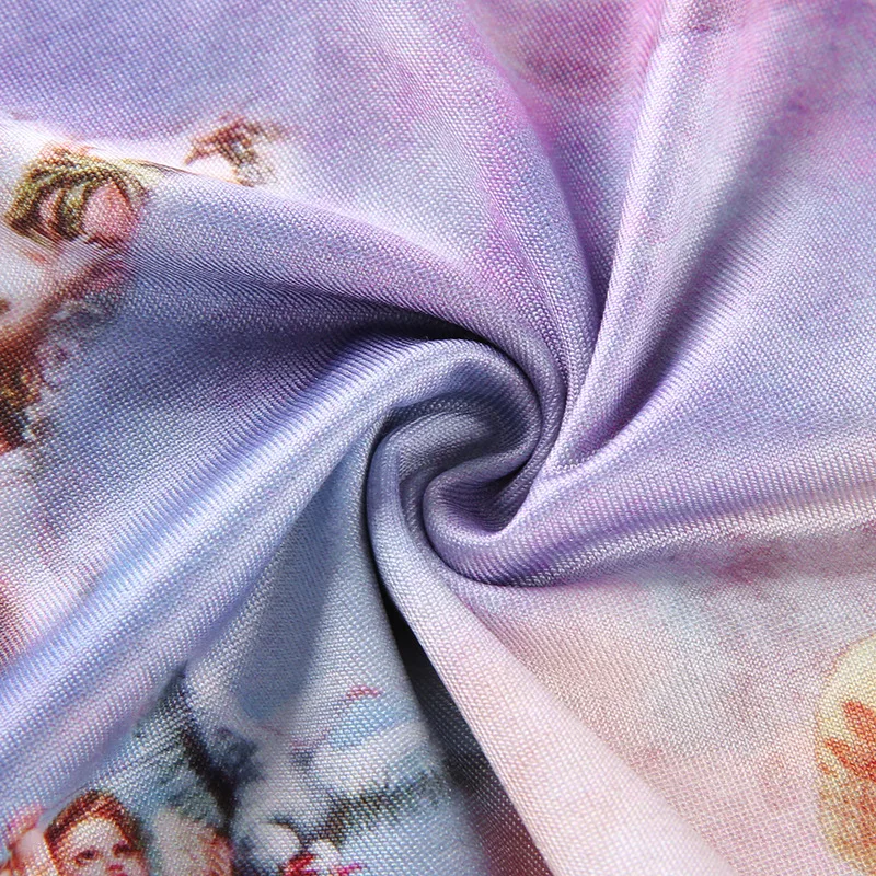 

Summer Europe Angel Print Mesh Transparent Dress Women Sleeveless Spaghetti Strap Fashion Street Mini Blue Slash Neck Dresses