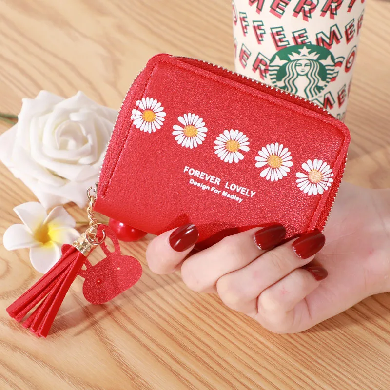 

Short Zipper Around Cute Little Daisy PU Leather Small ID Credit Cards Wallets for Women Luxury Kawaii Students Card Wallet Mini