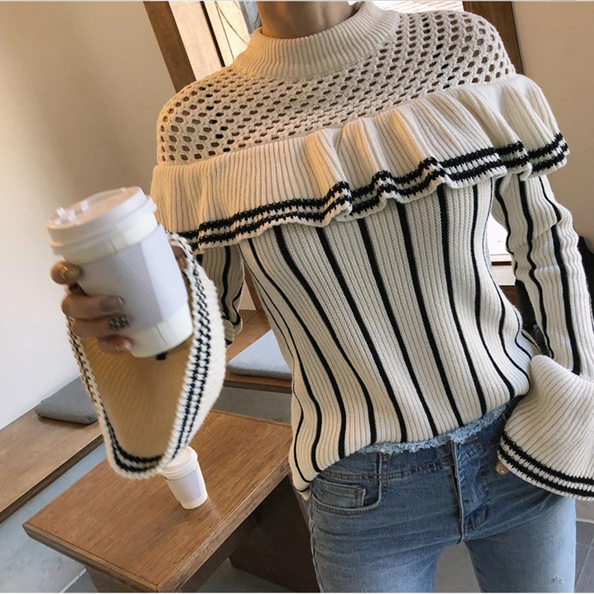 

Suitlionbutf 2020 Autumn Winter Knitted Women Sweater Hollow Pullover Ruffles Pull Femme Striped Fashion Elegant Ladies Jumpers