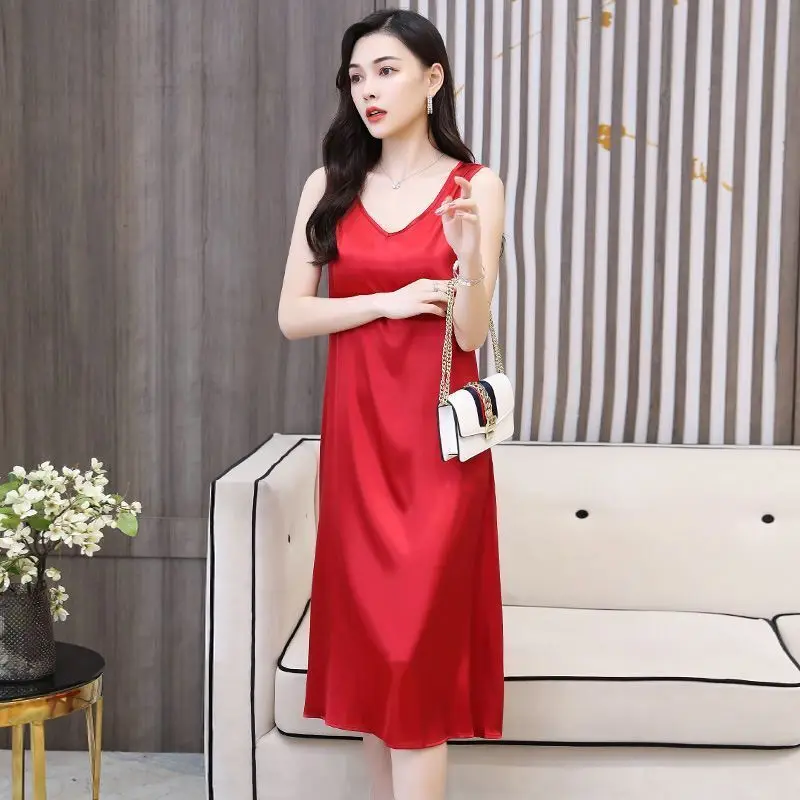 

Women 2021 New Summer Vest Solid Color Dress Female Sleeveless Satin Silk Plus Size V-neck Long Midi A-line Sling Dresses L139