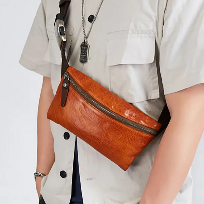 Leather chest bag, men's retro mini waist bag, trendy men's leather messenger bag