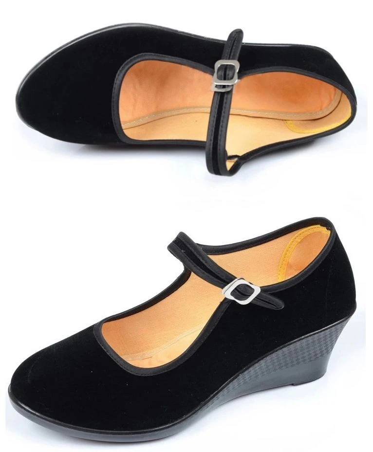 Женские танцевальные туфли Женская рабочая обувь на танкетке черные тканевые