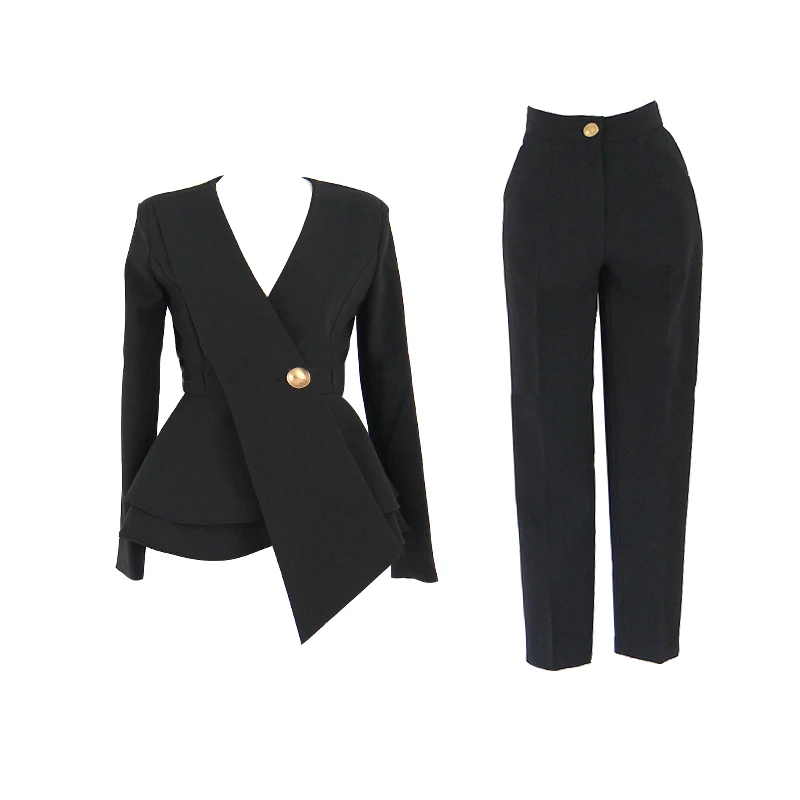 Женский офисный костюм HAMALIEL черный с длинными рукавами и оборками топ v-образным