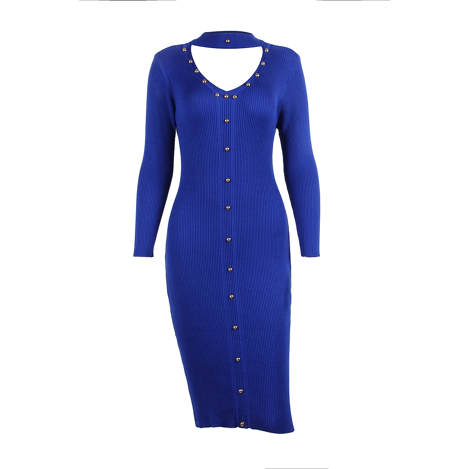 

European and American hot style women's 2020 autumn and winter hollow beaded long-sleeved knitted sexy hip sweater dress