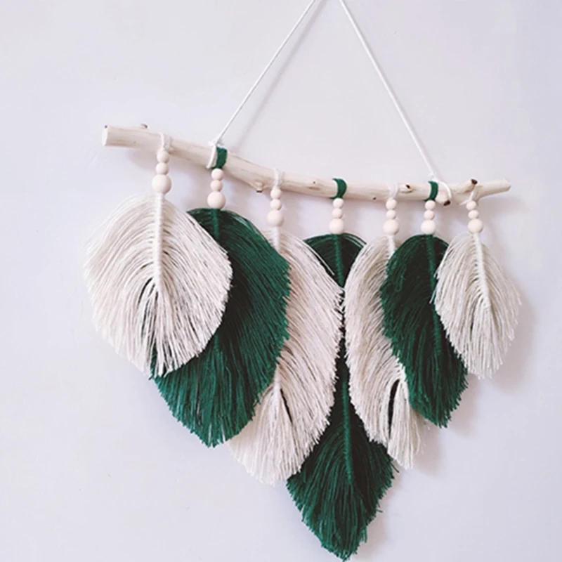 

Studio Clothing Home Photography Props Gift Boho Decoration Macrame Leaf Feather Wall Tapestry Headboard Green Decor